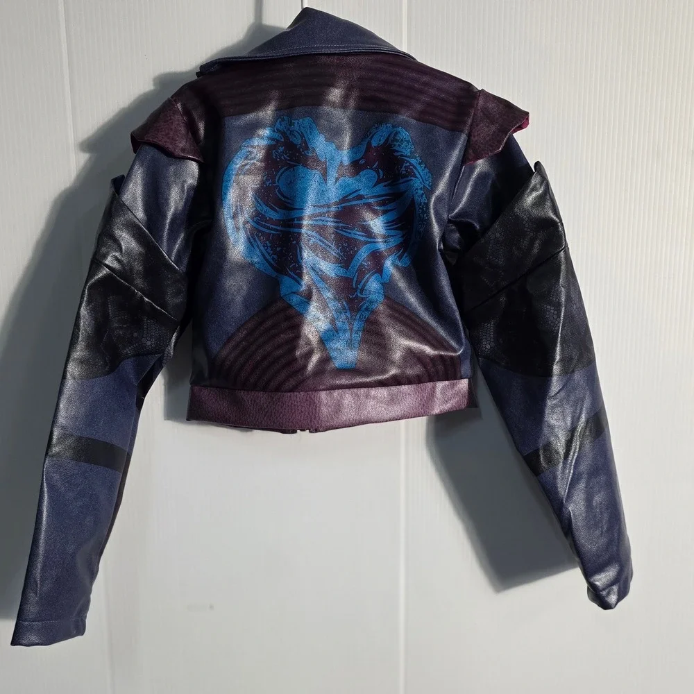 Disney Descendants 3 Mal Purple Faux Leather Moto Jacket Kids Medium Heart Back - Picture 3 of 7